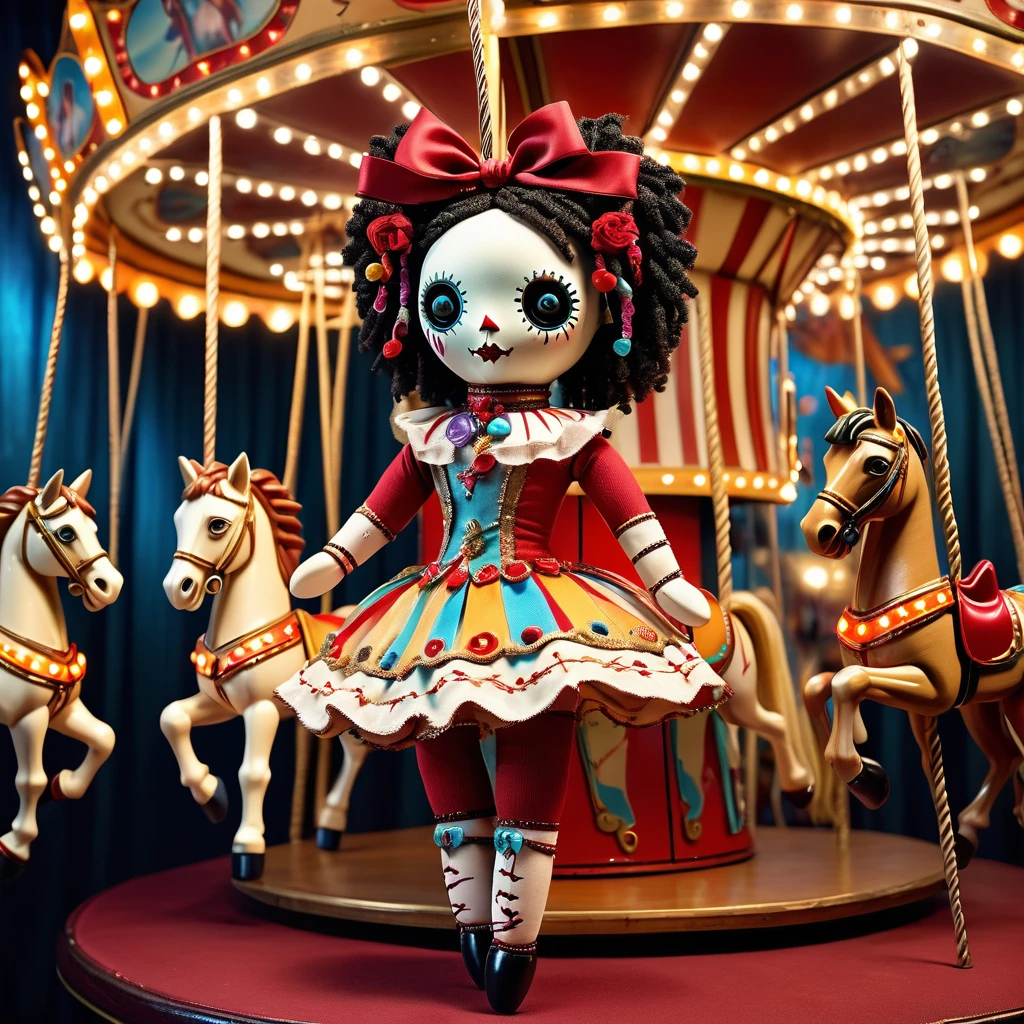 (knitted toy voodoo doll:1.5), (Voodoo Doll on a Grand Ballet Stage:1.3), (Clothing: elegant ballet attire with a tutu and ballet shoes:1.0), (Accessories: enchanted music box emitting a graceful glow, floating ballet slippers:1.1), (background: opulent theater stage with velvet curtains, ornate decor, and a refined artistic atmosphere:1.2), best quality, masterpiece, detailed soft oil painting, detailed background, dramatic cinematic lighting, soft edge lighting, professional, dramatic lighting, hard edge lighting, ultra quality, 4k,masterpiece, best quality, 8k, ultra highres, highres, extremely detailed