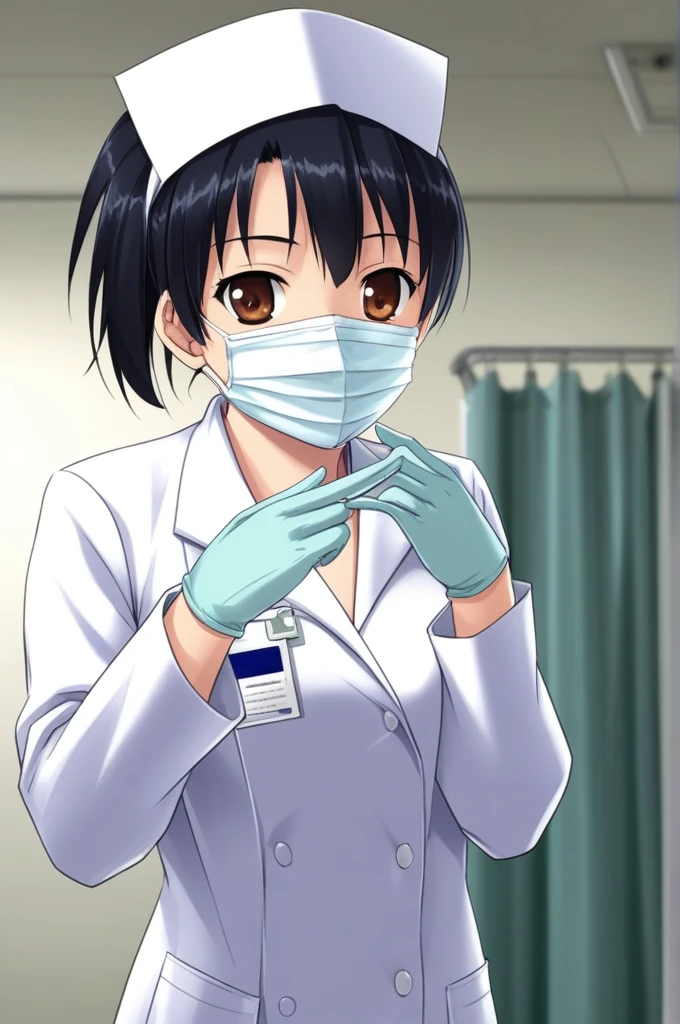 (RAW photo, best quality), 1girl,  natural lighting, solo, upper body,   hospital,
 ray kasugano, labcoat, (give a score of 9_give a score of 8_give a score of 7)
masterpiece, highest quality, long sleeve surgical gown, surgical cap, surgical mask, surgical gloves, 