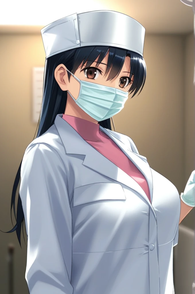 (RAW photo, best quality), 1girl,  natural lighting, solo, upper body,   hospital,
 ray kasugano, labcoat, (give a score of 9_give a score of 8_give a score of 7)
masterpiece, highest quality, long sleeve surgical gown, surgical cap, surgical mask, surgical gloves, 