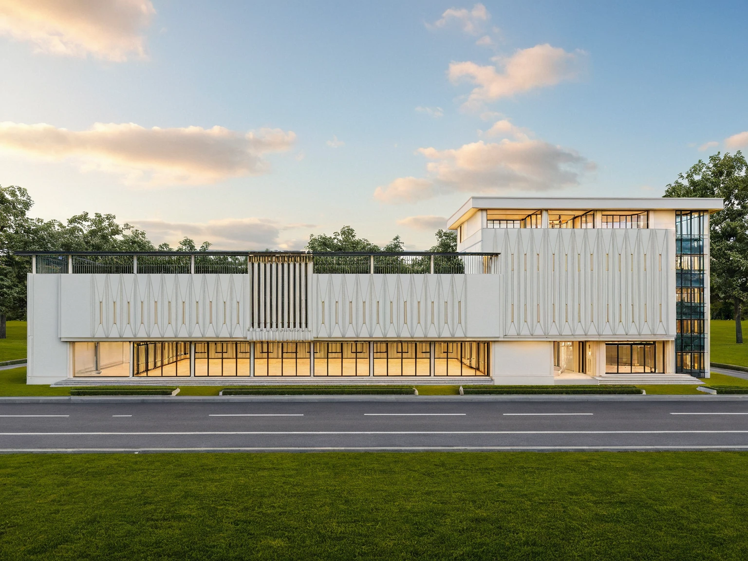 Masterpiece, high quality, best quality, authentic, super detail, outdoors, wedding center style neoclassic, white wall, glass windows, gate road, pavement, grass, trees, blue sky, sunset, cloud, (day:1.1), realistic lighting
