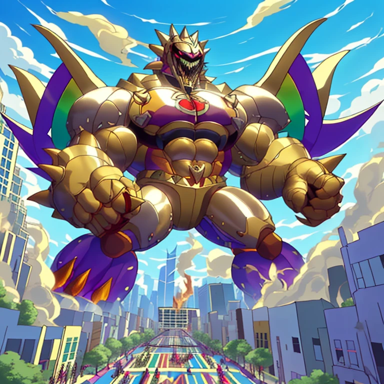 (masterpiece. official art. 8k. best quality. detailed full body. full body.)
(situation 1 : dominating Armored_Flazzard. focus GIANT mechanical Muscular Armored_Flazzard is trampling the CITY. macro. stomp. Low-angle perspective. emphasizing the immense size. The perspective is from below, emphasizing the sheer majesty and power of the Giant. giant art. He is much bigger than a skyscraper. Giga Giants. micro soccer field. looking down.)

(situation 2 :smoke and flames rising from the destruction in the city)

(Additional details 1: wearing a full-face helmet. no face.)

(Additional details 2: (Detailed head. Detailed Body. Detailed abs. gigantic muscles. HYPER MUSCLES. Gigachad Muscular. big muscle. pecs. triceps. traps. unusually developed muscular body. body full of huge muscles. showing off muscles. pectorales enormes. Exaggeratedly huge muscles. huge muscles. long legs.).

(Additional details 3: nj5furry, Spread wings. It has wings. It has large rainbow-colored wings. The claws are sharp. Sharp teeth.). 