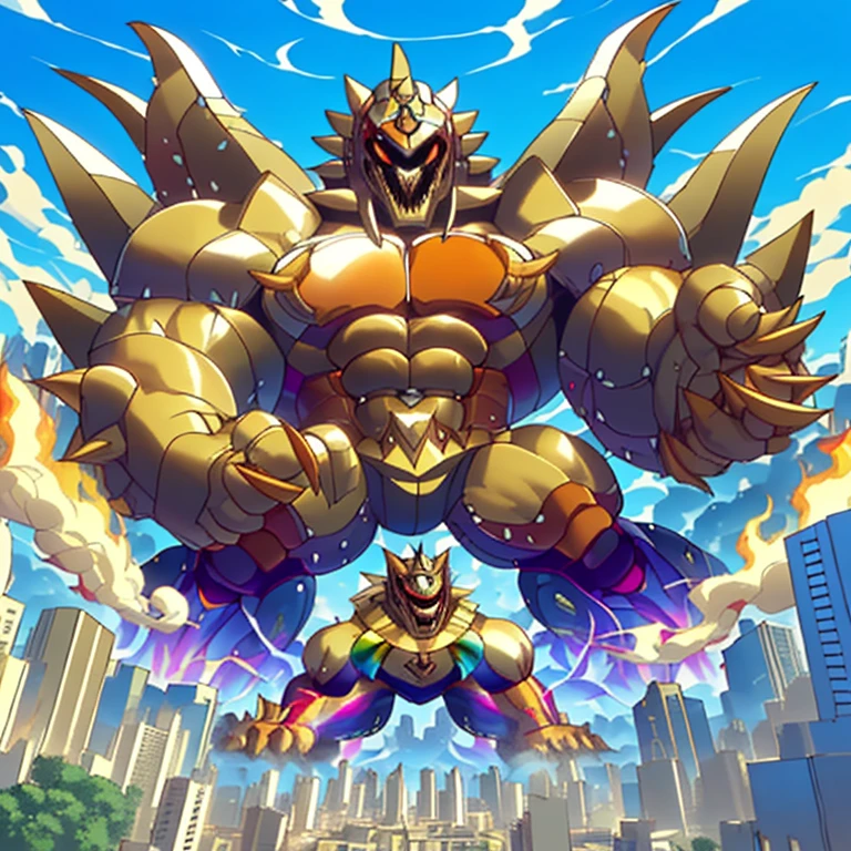 (masterpiece. official art. 8k. best quality. detailed full body. full body.)
(situation 1 : dominating Armored_Flazzard. focus GIANT mechanical Muscular Armored_Flazzard is trampling the CITY. macro. stomp. Low-angle perspective. emphasizing the immense size. The perspective is from below, emphasizing the sheer majesty and power of the Giant. giant art. He is much bigger than a skyscraper. Giga Giants. micro soccer field. looking down.)

(situation 2 :smoke and flames rising from the destruction in the city)

(Additional details 1: wearing a full-face helmet. no face.)

(Additional details 2: (Detailed head. Detailed Body. Detailed abs. gigantic muscles. HYPER MUSCLES. Gigachad Muscular. big muscle. pecs. triceps. traps. unusually developed muscular body. body full of huge muscles. showing off muscles. pectorales enormes. Exaggeratedly huge muscles. huge muscles. long legs.).

(Additional details 3: nj5furry, Spread wings. It has wings. It has large rainbow-colored wings. The claws are sharp. Sharp teeth.). 