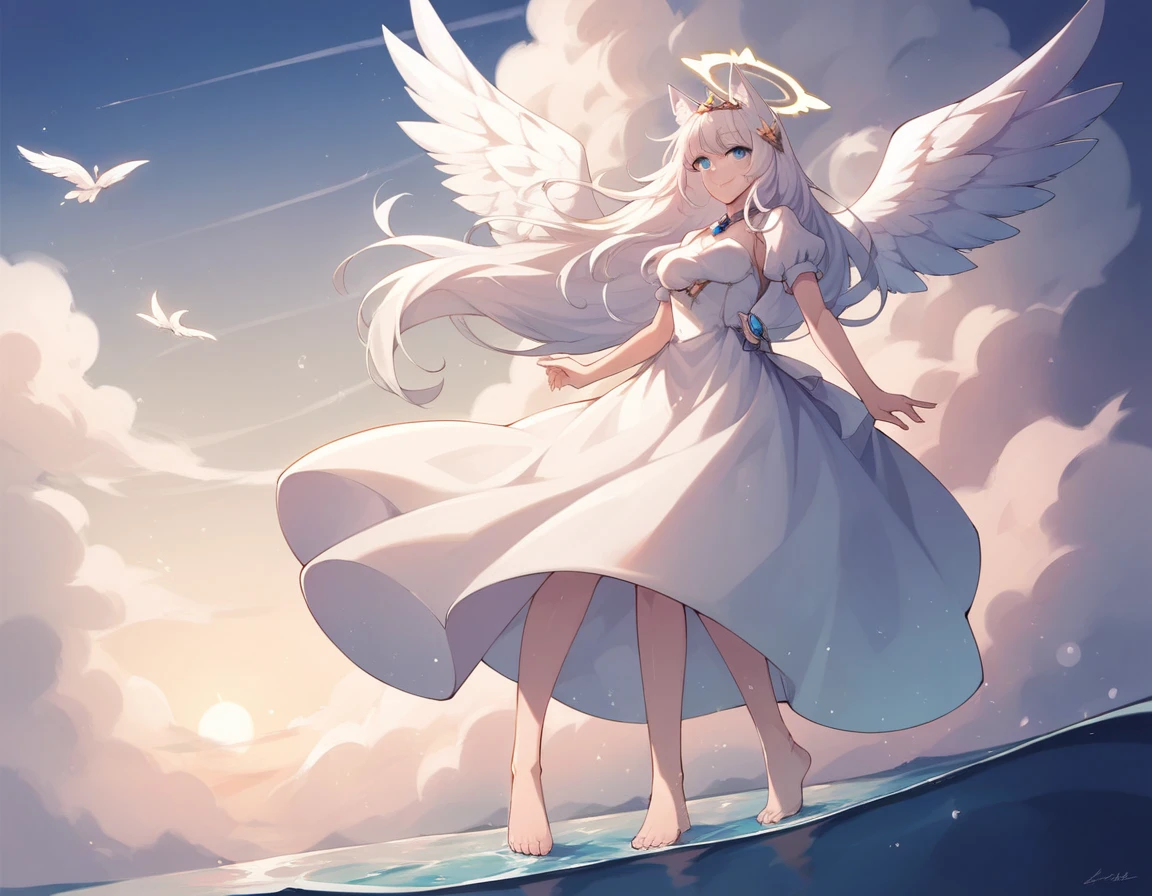 (masterpiece, best_quality:1.2), by rella, 1girl, solo, blue eyes, white dress, tiara, white hair, bangs, long hair, medium breasts, angel wings, feathered wings, puffy short sleeves, fox ears, smile, standing, outdoors, sky, barefoot, cloud, water, floating hair, halo, cloudy sky, horizon, angel,
