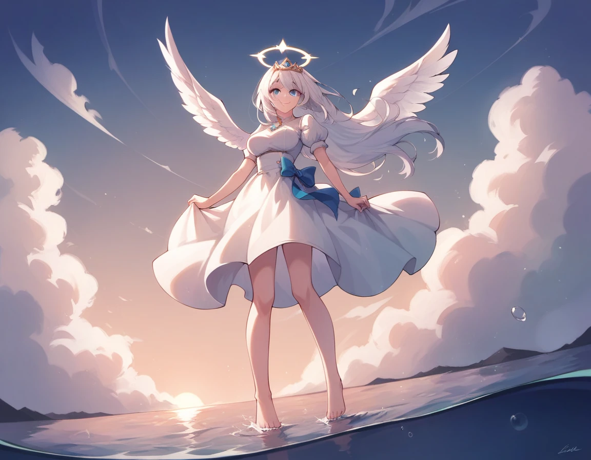 (masterpiece, best_quality:1.2), by rella, 1girl, solo, blue eyes, white dress, tiara, white hair, bangs, long hair, medium breasts, angel wings, feathered wings, puffy short sleeves, fox ears, smile, standing, outdoors, sky, barefoot, cloud, water, floating hair, halo, cloudy sky, horizon, angel,
