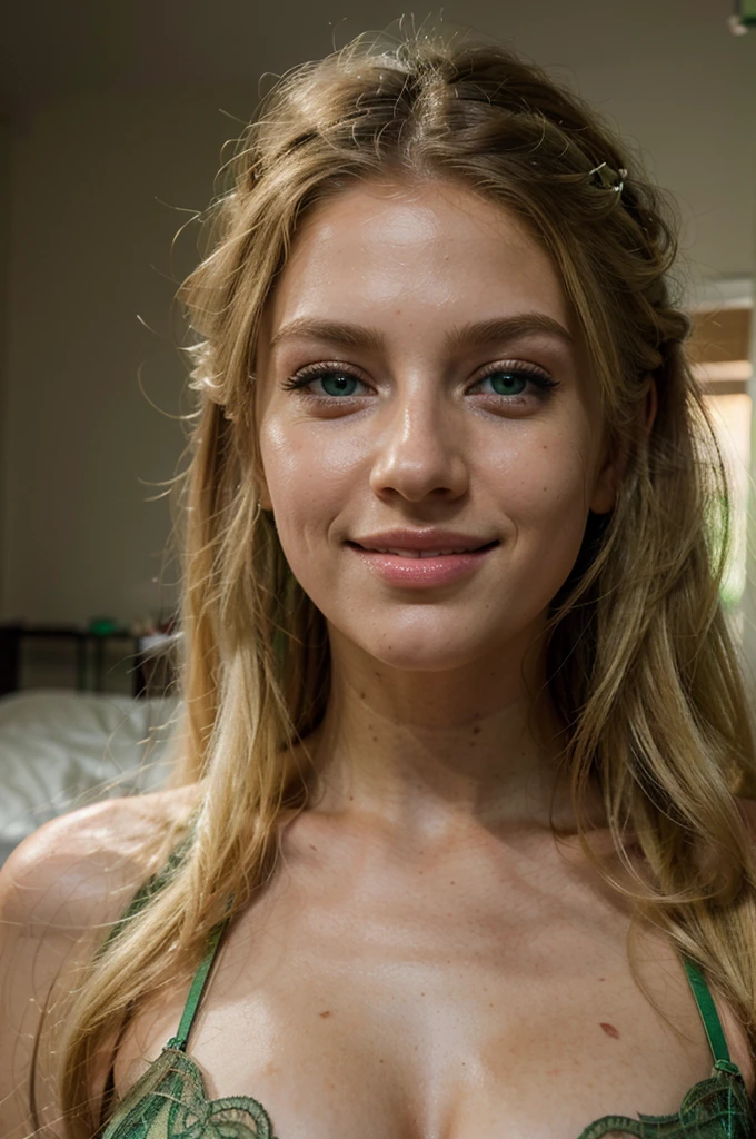 Sarah Gadon surrounded by fruits and vegetables completely naked and smiling