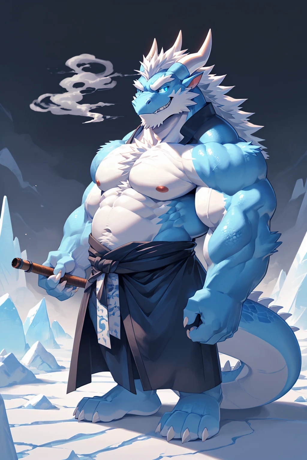 (sfw:1.5), male focus, Handsome 1boy, solitary,protrait photo, single, (White nails, White Paws, White thick eyebrows:1.4), (Sky blue sideburns:1.1), (Sky blue ears:1.2), Sky blue skin, (Sky blue tail:1.4), (Perfect blue eyes:1.4), (White horn, White dragon horn, White curved corner:1.4), (Sky blue body:1.3), (White chest, White chest hair:1.2), (Sky blue feet:1.4), (Sky blue scales:1.4), (Delicate teeth, Sharp teeth, detailed teeth:1.1), (White hair:1.4),
Chinese dragon, Oriental Dragon, feet, chinese dragon, alligdragontor, dragon boy, dragon body, (evil eyes, big eyes, large eyes:1.4), Dragon Beard, Dragon's foot, Dragon Claw, (Chubby, The body is huge, Larger face:1.3), Human feet, (Four toes:1.4),
(Chinese clothing, Hanfu:1.4), (Black robe:1.4), (Dark blue pattern:1.2), (Topless, Bare neck:1.4),
(full body:1.3), (Mature men:1.4), (Strong body, muscle,Strong male, muscle男, Bare chest, 裸露的Chest muscles:1.4), (Abdominal muscles, Chest muscles:1.4), (Red nipples, belly button:1.1), (Bare Arms, Thick arms, Bare legs, Strong and strong legs, Strong legs:1.3), (Standing:1.4), (Looking at the audience, Focus, Eyes gaze:1.2), (arrogant ,charming, charm, grace, courtesy:1.5), (evil smile, evil grin, Smirk, evil smile, Evil smile:1.4), (Blow smoke:1.2), (Pipe in hand:1.4),
full background, (ice, ice窟, arena, maze:1.1),
Mysterious and romantic atmosphere, Caustic lines(refraction, polarization)Perfect anatomical structure, absurd, Detailed background, (Delicate eyes:1.3),Printing style。((artist:Takemoto Arashi))
