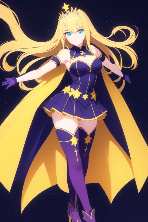 Chica anime con una capa amarilla y un traje ????? parada en una repisa., style germen de arte, cushart krenz arte clave femenino, krenz cushart and germen de arte, in the style germen de arte, heroína androide, style of germen de arte, extremely detailed germen de arte, germen de arte style, ig model | germen de arte, ((best quality)), ((masterpiece)), (detailed), 1 girl, Full body, 19 years old, White skin, Smiling face, Blue eyes, Star shaped tiara, Arms outstretched, Arms behind waist, Masked face, Eye mask, Superhero mask, blue mask, Blushing, Blonde hair, Straight hair, Long hair, Bangs, 2 star clips on the sides of hair, Full body, Medium breasts, Slim body, Hands with yellow stars on them, Wrist bands, Long yellow gloves, Purple gloves, Superhero costume, Superheroes, Full body entirely yellow suit, With a big yellow star in the center, Star emblem, Somewhat tight, Long yellow cape on waist, Red belt, Thighs with tights purple, purple boots, flying, city background, anime, note that says Lady Estrella