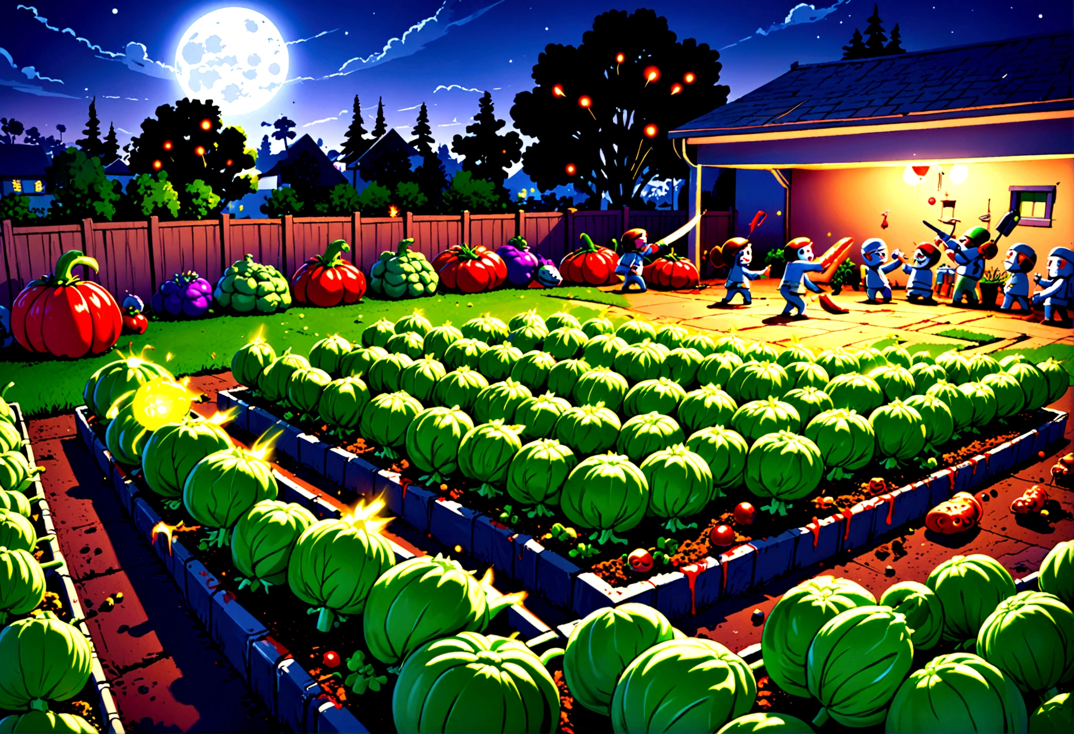 cartoonish battle field (Noble vegetable army) shoots at the charging zombie horde. Back yard garden, moonlit night