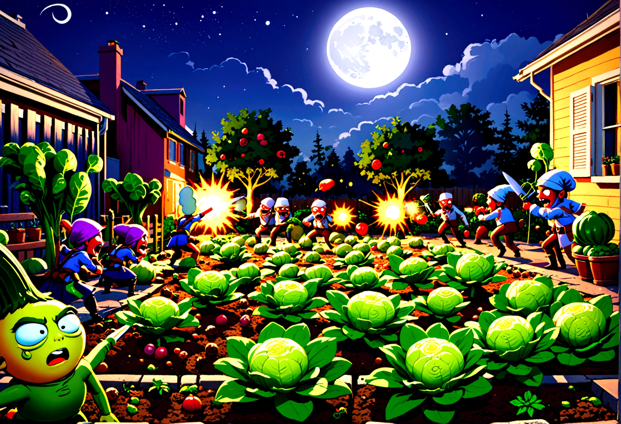 cartoonish battle field (Noble vegetable army) shoots at the charging zombie horde. Back yard garden, moonlit night