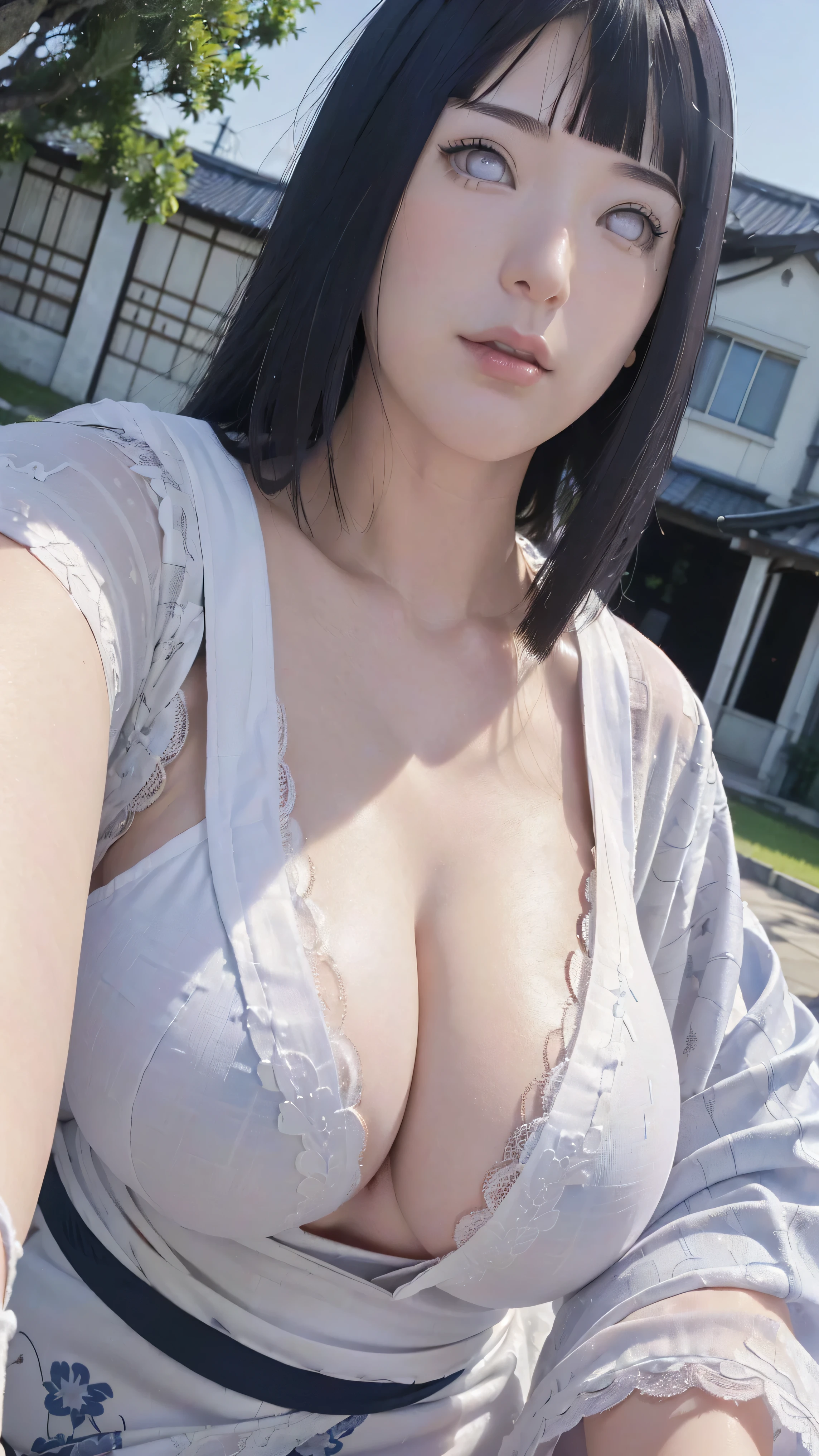 masterpiece, hinata\(boruto\), 1girl, mature women, (((White Lace Kimono Spaghetti Strap Top))), (((selfie))), (((Close-up photo))), (((Closed Clothing))), (((cleavage))), (((big breasts))), (((big round breasts))), (((round breasts))), (((extremely heavy breasts))), (((Colossal tits))), (((heavy breasts)), (((plump breasts))), (((perfect breasts))), (((outdoor))), (((Japanese housing background))), (shy face), detailed lips, beautiful face, blush, (pink lips), (((long hair))), white eyes, gentle gaze, smile, super realistic, detailed, realistic face and body, realistic hair, realistic eyes, realistic nose, realistic lips, seductive pose, (((straight bangs))), (dark blue hair), 28 year old girl