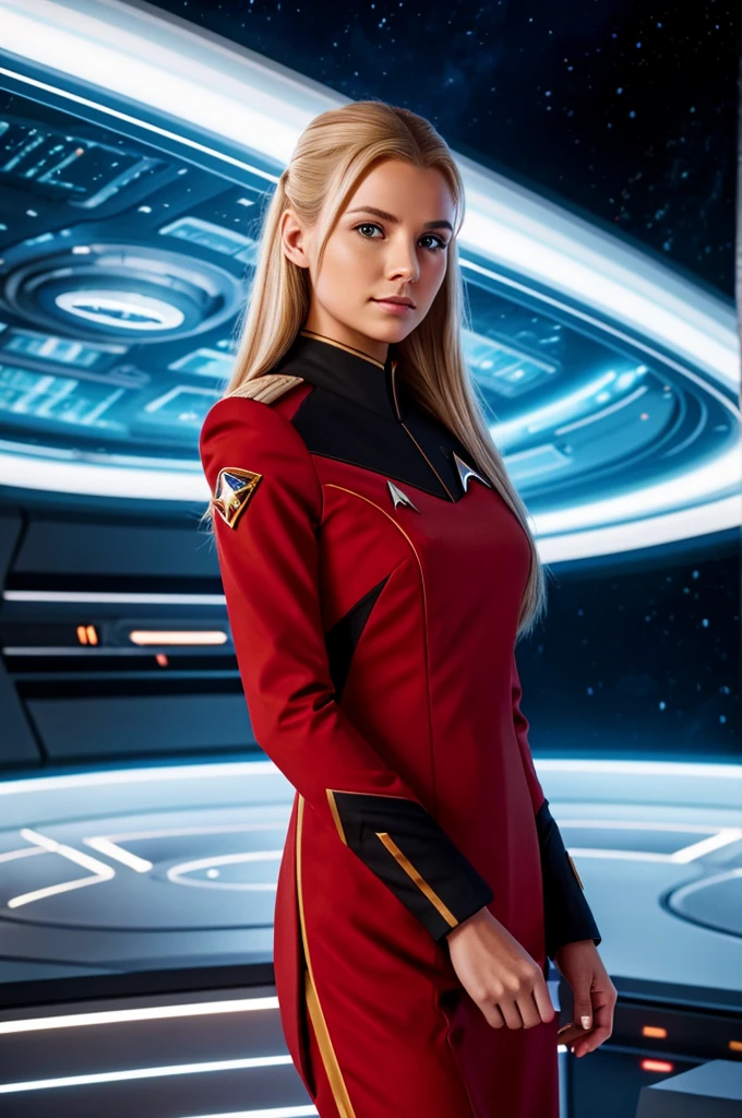 young woman, dirty blonde hair, soft smile, sharp angular features, sci fi spaceship background, red star trek uniform, facing off camera, photo