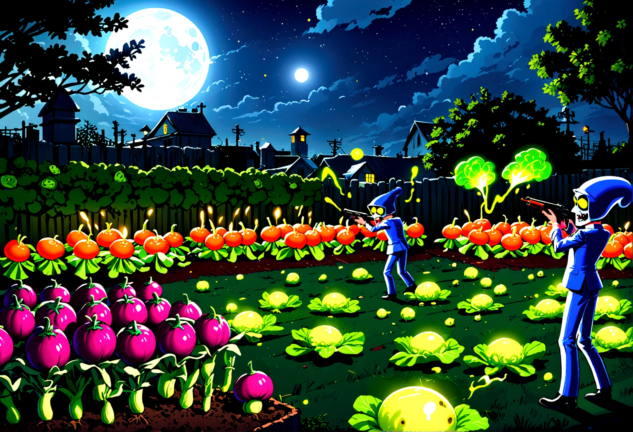 cartoonish battle field (Noble vegetable army) shoots at the charging zombie horde. Back yard garden, moonlit night