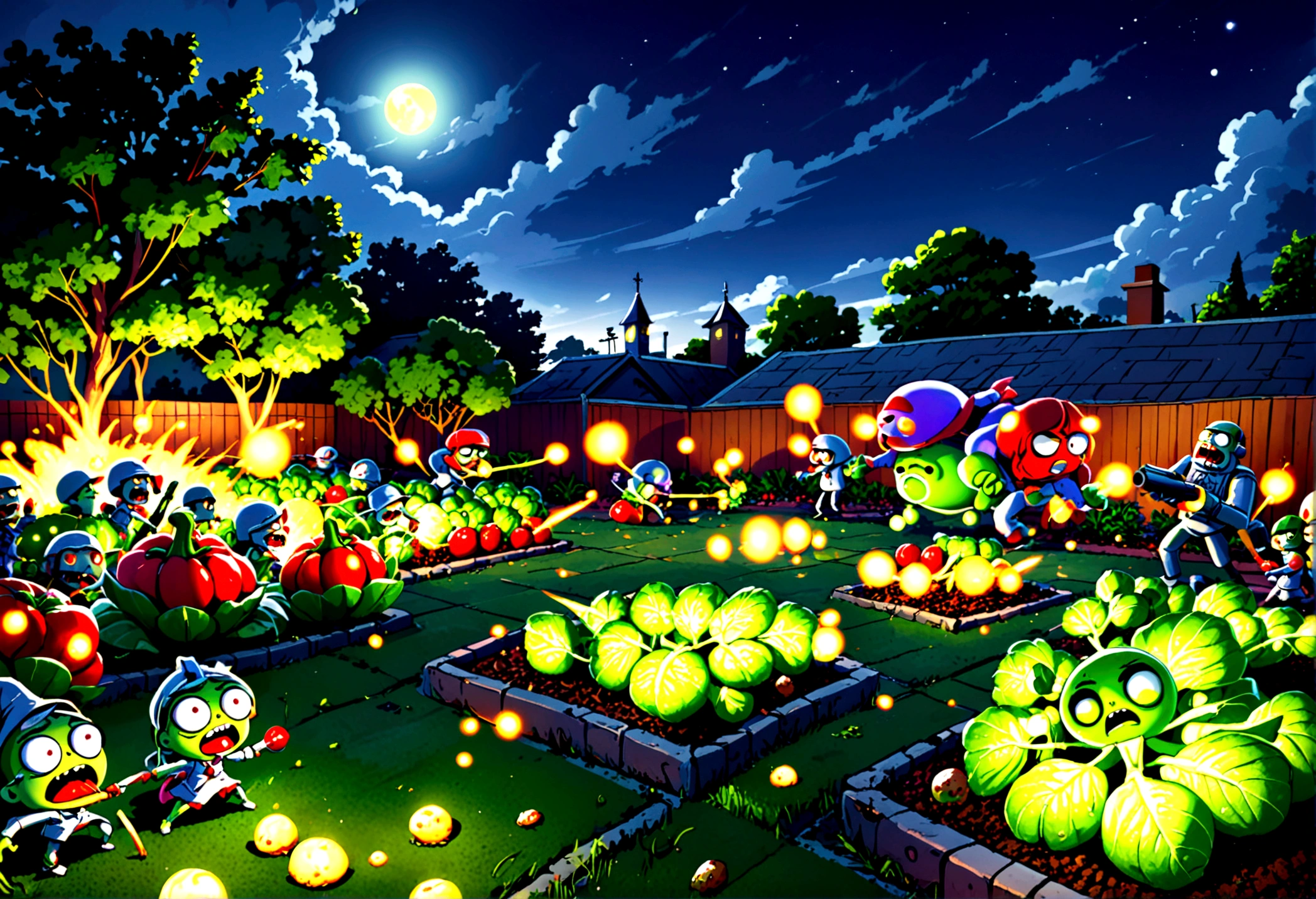 cartoonish battle field (Noble vegetable army) shoots at the charging zombie horde. Back yard garden, moonlit night