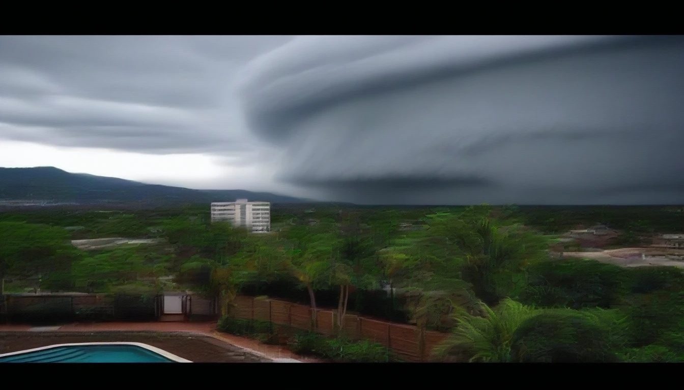 arafa view of a storm moving over a city with swimming pool, beautiful and sinister, Stromal hurricane clouds, Storm coming, weather photography, huge storm, storm in the background, storm outside, storm weather, big storm clouds, Apocalypse Storm, as a tornado approaches, Beautiful tornado, apocalypse hurricane storm, storm clouds, storm clouds, Storm in the distance