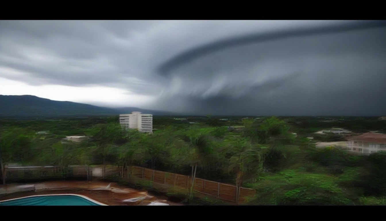 arafa view of a storm moving over a city with swimming pool, beautiful and sinister, Stromal hurricane clouds, Storm coming, weather photography, huge storm, storm in the background, storm outside, storm weather, big storm clouds, Apocalypse Storm, as a tornado approaches, Beautiful tornado, apocalypse hurricane storm, storm clouds, storm clouds, Storm in the distance