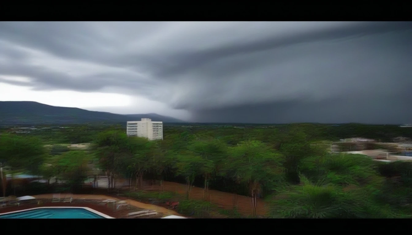 arafa view of a storm moving over a city with swimming pool, beautiful and sinister, Stromal hurricane clouds, Storm coming, weather photography, huge storm, storm in the background, storm outside, storm weather, big storm clouds, Apocalypse Storm, as a tornado approaches, Beautiful tornado, apocalypse hurricane storm, storm clouds, storm clouds, Storm in the distance