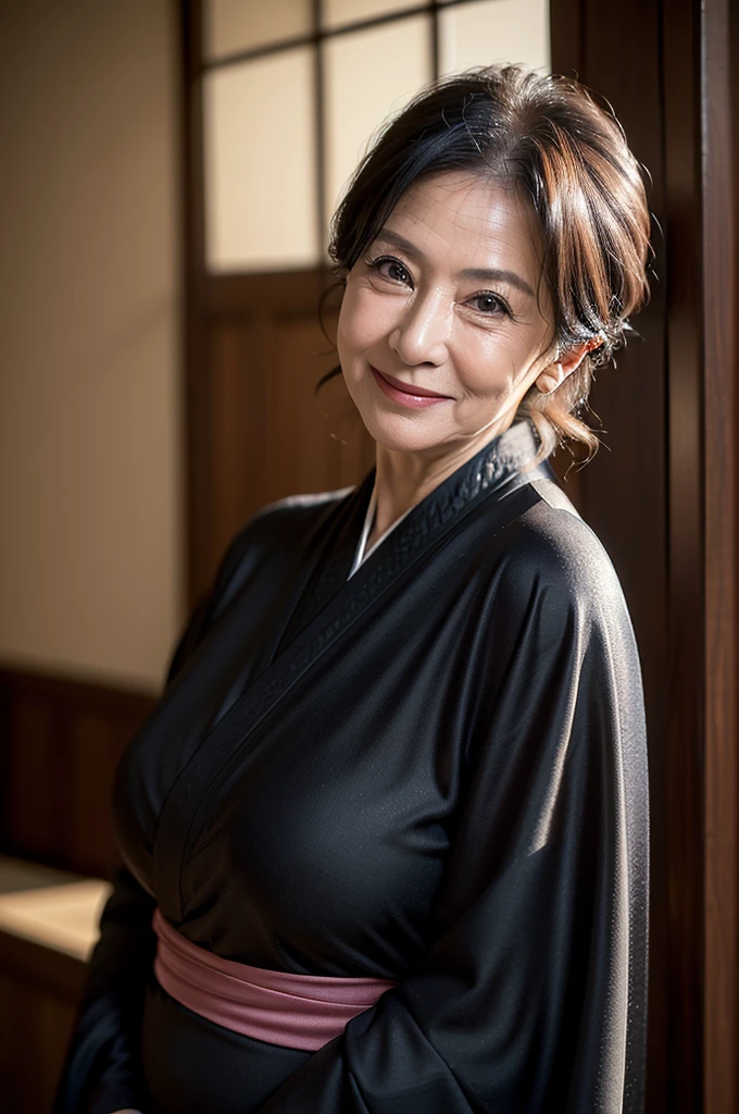 (masterpiece:1.4),(68-year-old woman:1.5),(facial wrinkles 1.2),seductive smile, (up hair : 1.1), (wearing black kimono), Motherhood Mature Woman