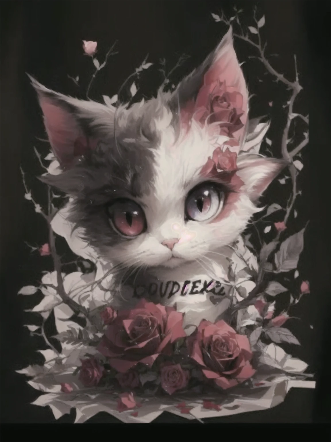 Close-up of a cat，There is a red rose beside me, Animated visual of cute cats, Anime cat, Cat design, author：Dom Qwek, realistic Anime cat, Lovely and detailed digital art, Lovely artwork, 非常美丽可爱的 author：Lambert Doomer, Cute digital art, Furry cat T-shirt design,Thorn rose，Cat wearing a collar