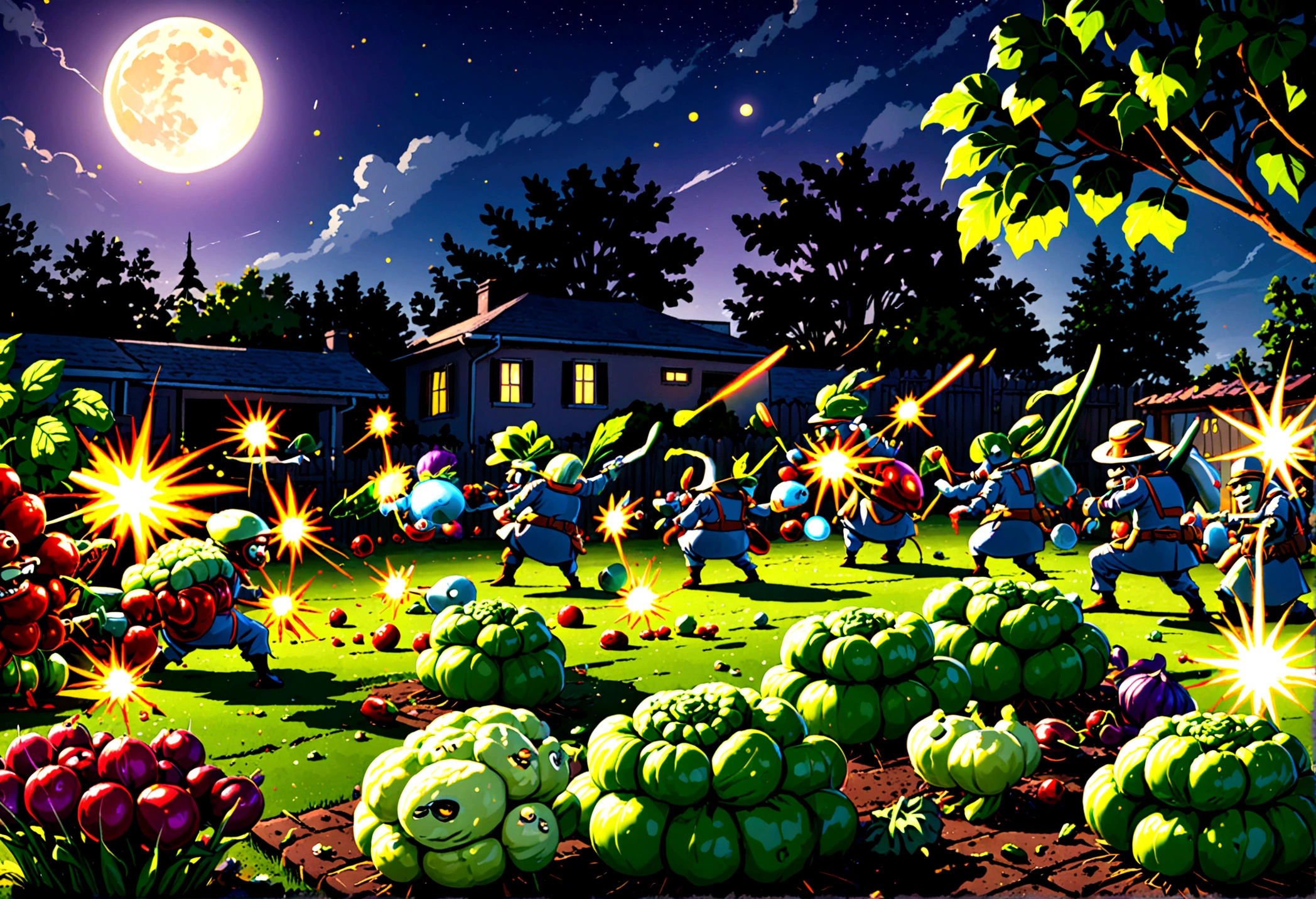 cartoonish battle field (Noble vegetable army) shoots at the charging zombie horde. Back yard garden, moonlit night