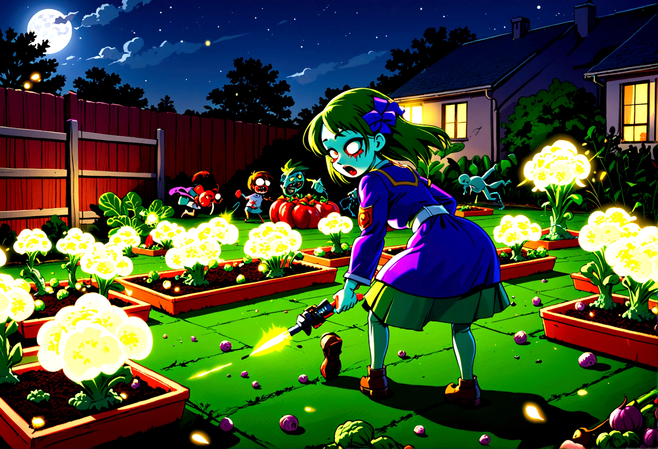 cartoonish battle field (Noble vegetable army) shoots at the charging zombie horde. Back yard garden, moonlit night
