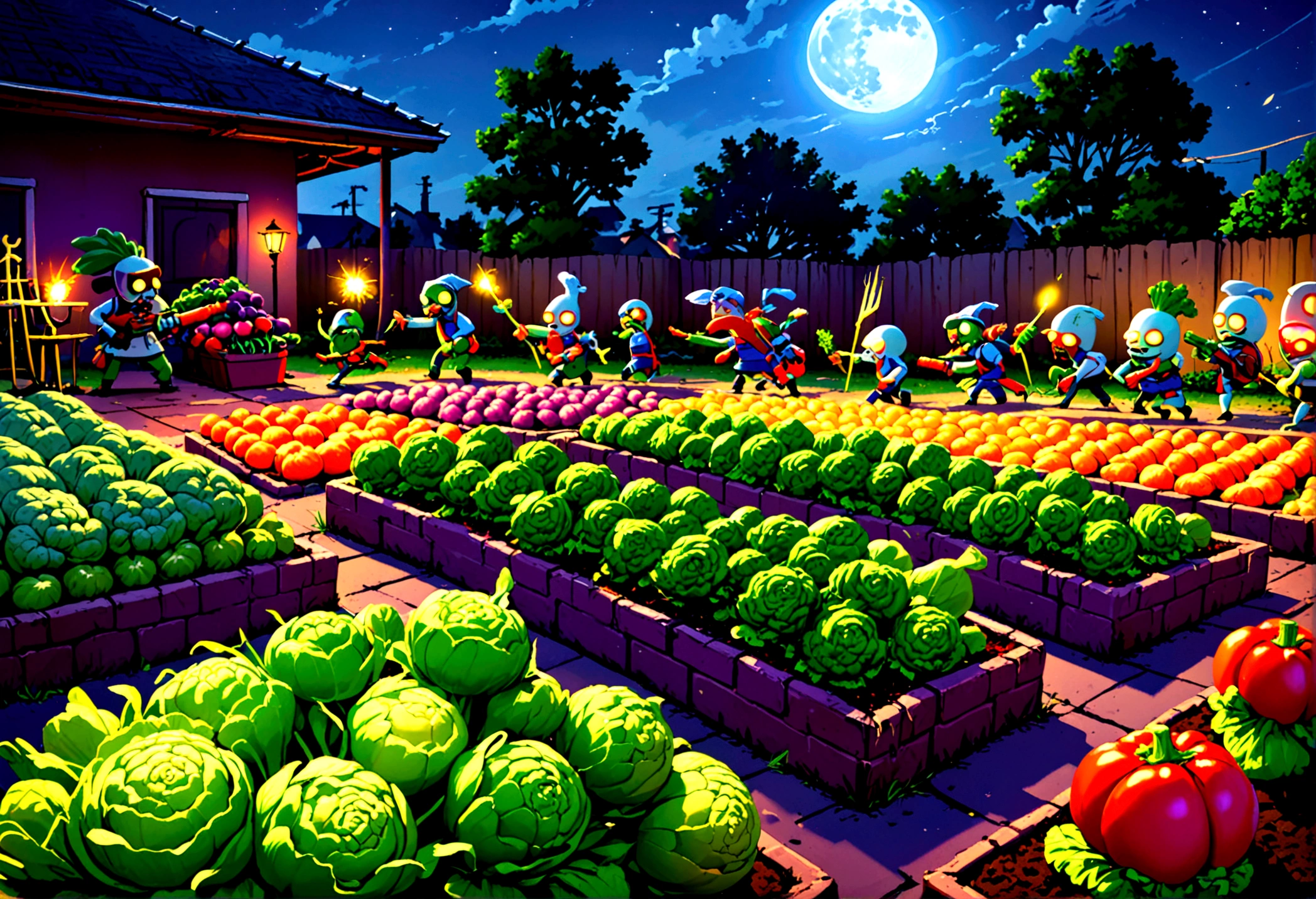 cartoonish battle field (Noble vegetable army) shoots at the charging zombie horde. Back yard garden, moonlit night
