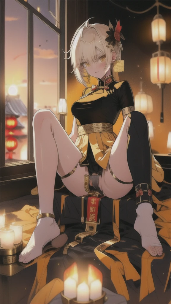 White short haired woman, with yellow eyes, mostrando os peitos, legs open showing pussy, with an angry face and a provocative look, Wearing traditional Chinese imperial clothing in gold and black, with red Hanafuda earrings, with a short red skirt. On your knees in a hotel room bed, with a sunset in the window in the background.