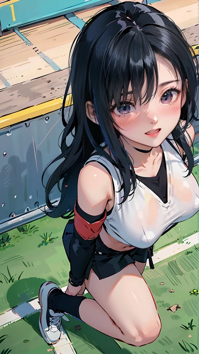 ((((highest quality)))), (((Ultra-precision CG 16K))), (((masterpiece))), (((Very detailed))), (((Extremely detailed))), (((Black outline:1.3, Written boundary depth:1.3 , Written soft outline))), Blur, Bokeh, Maximum clarity and sharpness,Multilayer Texture, Surface Shading, Cinematic lighting, Beautiful details sparkle ,Perfect Proportions, Limited to three woman, BREAK accurate, Anatomically correct, Highly detailed face and skin texture, drawn in detail, Highly detailed facial and skin texture, Detailed eyes, beautiful hair, Beautiful Japanese Idol face, Beautiful and beautiful eyes, Beautiful body, Beautiful breasts, Beautiful thighs, Beautiful legs, Beautiful fingers, (Beautiful views) , skinny body, ((Beautiful Skin)), ((Skin Texture)) BREAK breast enlarged, large Breasts, rocket breasts, (((perky breasts))), covered nipples ,slender waist, (laughing, narrow eyes, blush, determined expression, hot, sweaty , Heavy breathing,) BREAK (((no-bra, wearing oversized football uniform, sportswear, low rise hot pants with slits, no-sleeve, breast is covered by outfit))) , wearing earrings, BREAK ( stick breast out),((( a woman standing on the playground holding your knees:1.3, stretching out, from above,looking at viewer, close up face))),
