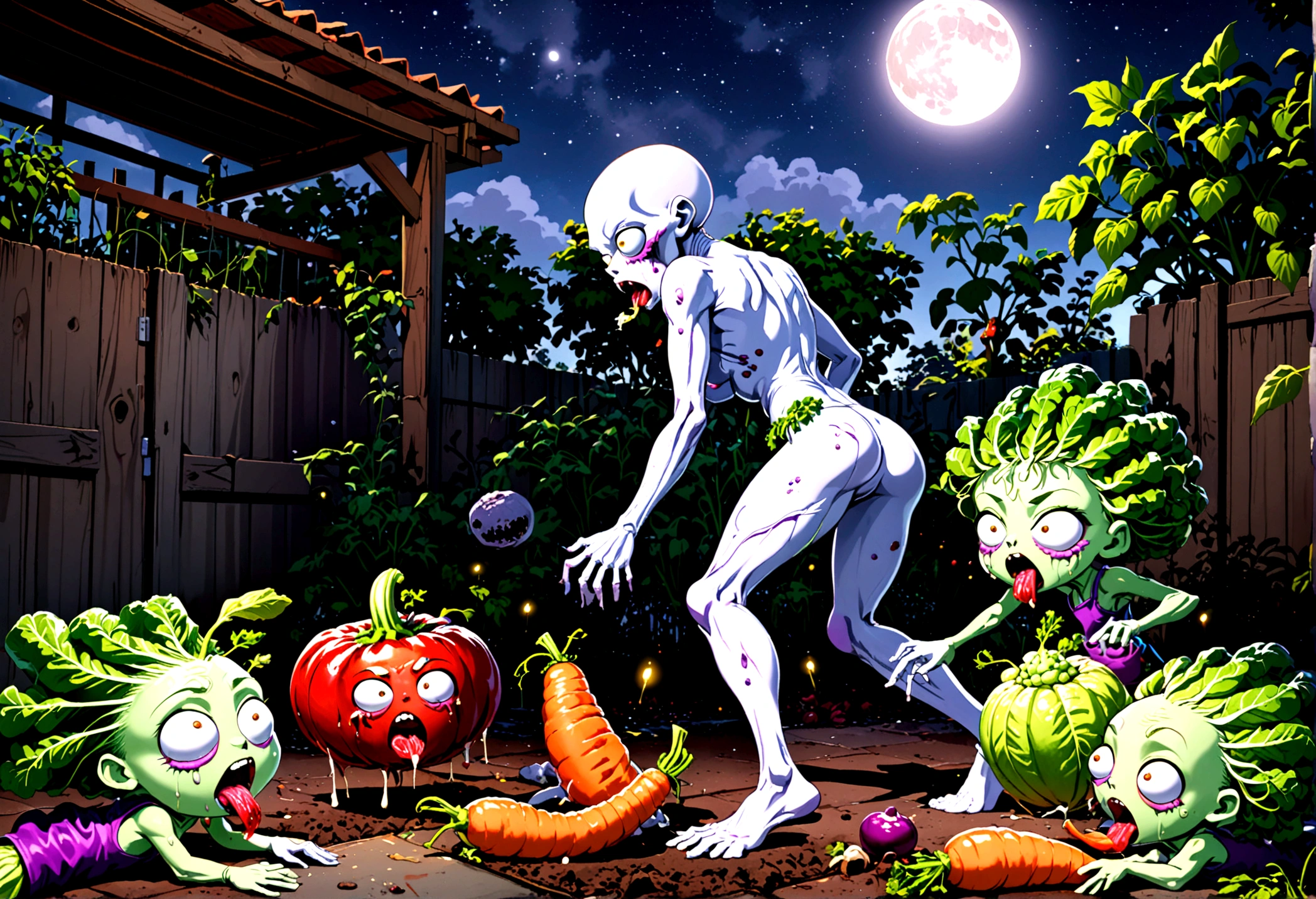 Cartoonish, (Humanoid vegetables) emerge from the garden to do battle with (shambling, half rotten human zombies), moonlit backyard
