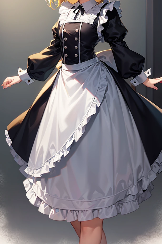 ((Maid)),Frills,Cute little ,Tiny ,Small girl,,Childish face, Very fine clean face,Top quality,Straight Hair,Yellow hair,(Dark Room), Subtle light, Natural light,Soft lighting,Light from directly behind, (Are standing),Front view,Black background
