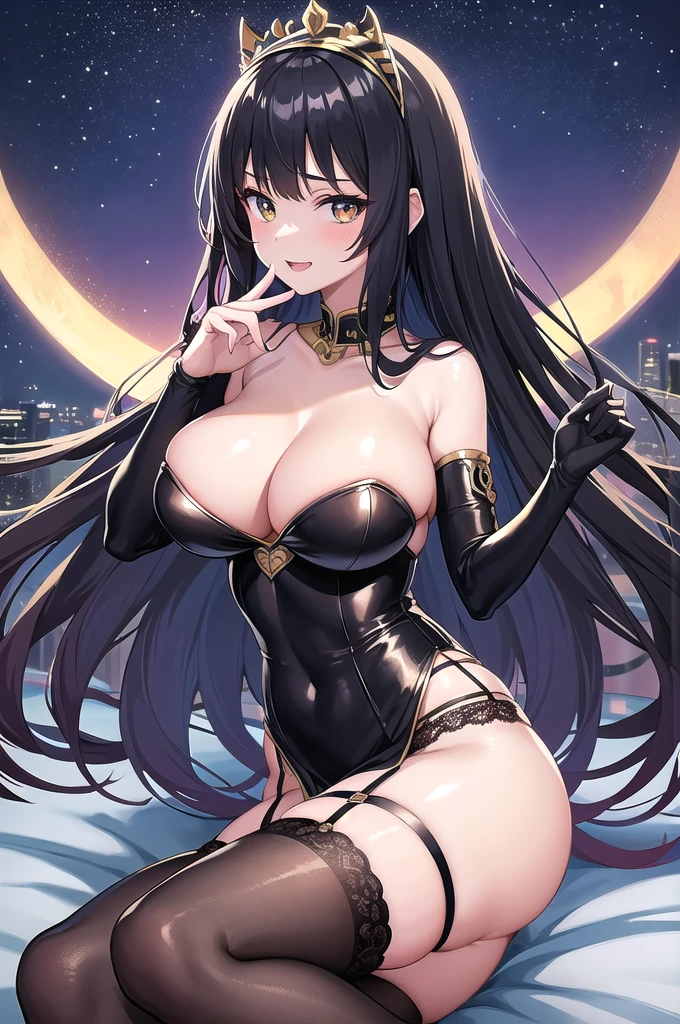 ((Anime illustration)) ,【1girl,1boy(men and women)】,In a hotel bed on a moonlit night,Beautiful night view, 【nsfw】【1boy】【penis】,((Black-haired Cleopatra)),Beautiful black lingerie,(mini tight skirt),((Gorgeous big breasts shining)),Lace Top Stockings,Knee-high boots,garter belt,Long satin gloves,(Laughing with your fingers),Crossing your legs,Condescending look,Provocative pose,Sexy body