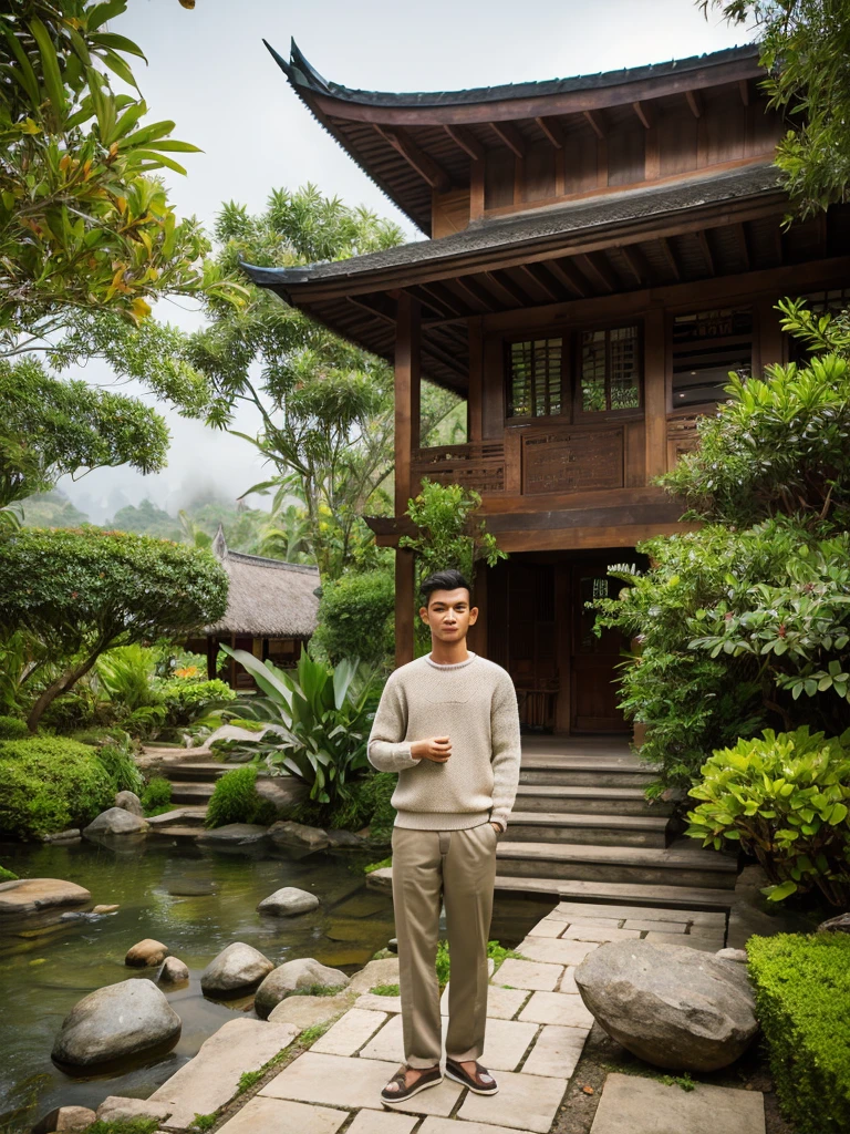 hyper realistic photography Portrait of a handsome young Indonesian man with side-parted hair wearing a sweater jacket and long torn Levis trousers standing posing in the tranquil nature of a traditional Javanese style wooden house with a curved roof. The house is located near a waterfall. Surrounding, there are green trees and bushes. This house stands on the edge of a waterfall flowing behind the house, creates a foggy atmosphere. in front of the house, Calm water surrounds several rocks that jut out on its surface. There is a wooden staircase leading up to the house, realistis ultra HDR extreme original face