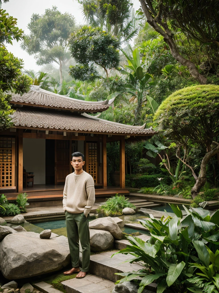 hyper realistic photography Portrait of a handsome young Indonesian man with side-parted hair wearing a sweater jacket and long torn Levis trousers standing posing in the tranquil nature of a traditional Javanese style wooden house with a curved roof. The house is located near a waterfall. Surrounding, there are green trees and bushes. This house stands on the edge of a waterfall flowing behind the house, creates a foggy atmosphere. in front of the house, Calm water surrounds several rocks that jut out on its surface. There is a wooden staircase leading up to the house, realistis ultra HDR extreme original face