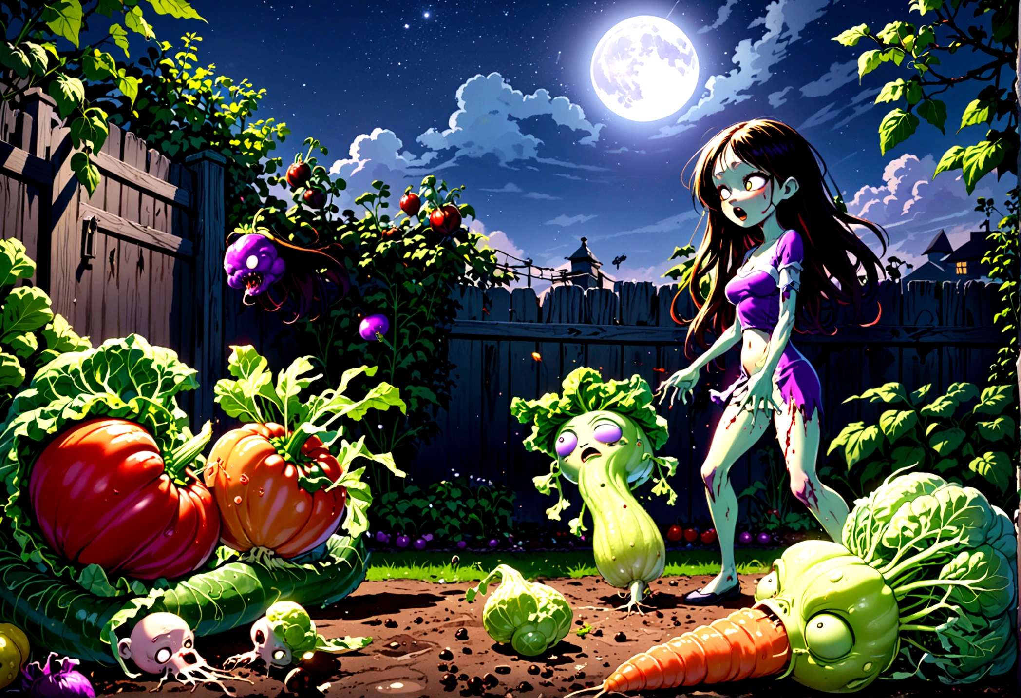 Cartoonish, (Humanoid vegetables) emerge from the garden to do battle with (shambling, half rotten human zombies), moonlit backyard