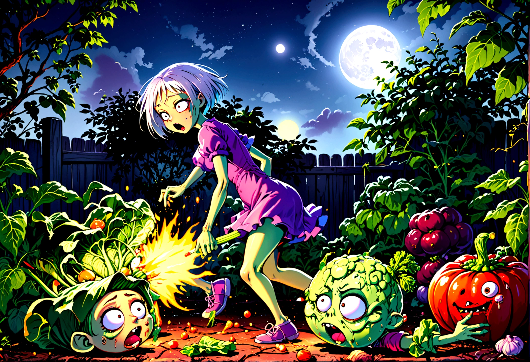 Cartoonish, (Humanoid vegetables) emerge from the garden to do battle with (shambling, half rotten human zombies), moonlit backyard