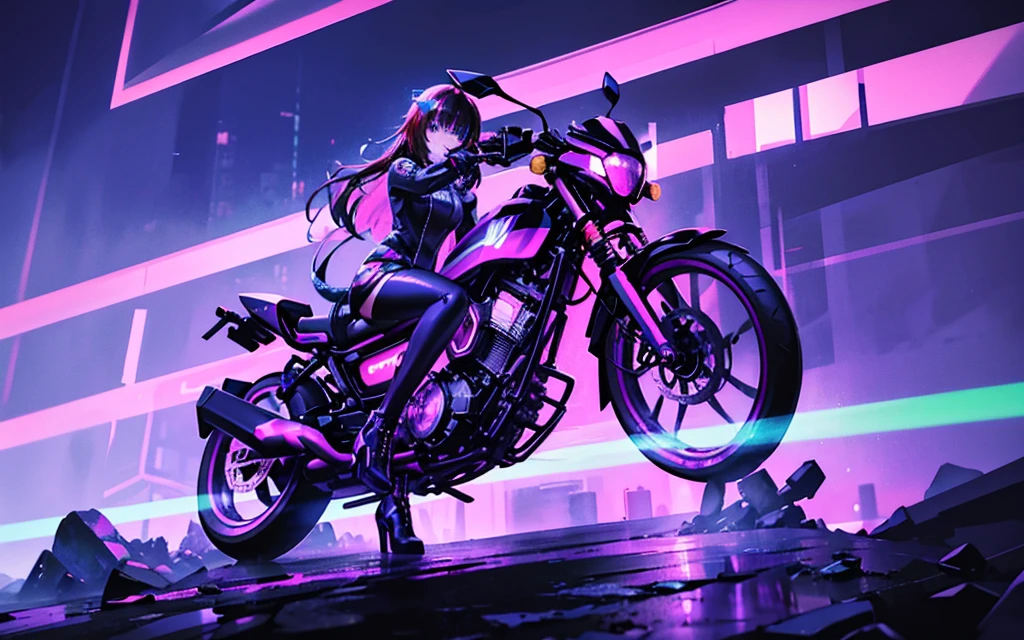 He transports me to a cyberpunk world full of mystery and futurism. I imagine this anime girl on her cyberpunk motorcycle, surrounded by neon lights in a night city. His purple and black suit., The shiny chains and her red hair create an intriguing image.. The motorcycle, with its shiny surface and cat-shaped helmet, adds a touch of enigma. He&#39;it&#39;s like her&#39;You&#39;re ready for an exciting nighttime adventure.!! 