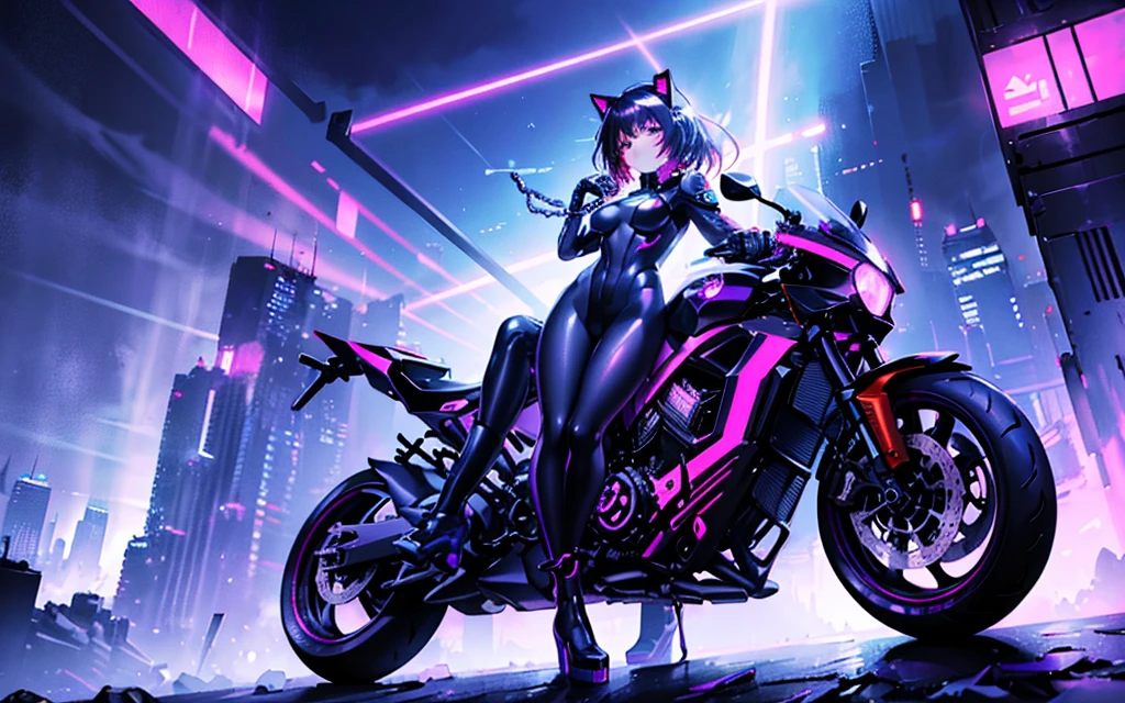 The image shows an illustrated character sitting on a motorcycle... The character has short hair and wears a suit with black-violet colors and yellow neons that surround his prominent bodysuit...... The motorcycle looks big and futuristic.., same color palette with elegant lines and luminous elements. The background suggests an urban environment illuminated with neon lights.., possibly at night. There are various shapes and patterns reminiscent of digital or cybernetic motifs....., contriPeroing to the overall sci-fi look of the image.. I imagine this girl with a futuristic appearance and full of mystery... His body is wrapped in a purple and black jumpsuit..., Shiny chains entwine around his arms and legs.., as if they were metallic tattoos. The three-strand necklace, with its padlock in the shape of digits, It is their symbol of submission and devotion... Her red hair falls in waves over her shoulders....., and his green eyes shine with a mixture of passion and obedience. The black dress fits her curves.., enhancing her voluptuous figure. Each chain that tightens around her skin is a reminder of her role as a beloved slave...... In the dark garage, the girl prepares for her master. The cyberpunk motorcycle awaits you, Its shiny surface reflects the neon lights of the city.. The cat-shaped helmet gives it a mysterious look.., and the tail that extends from the back of the seat seems to have a life of its own. She rides the motorcycle with grace.., speeding into the night. The wind whistles in his ears as he walks through the dark streets.., ready to complete your master&#39;s degree&#39;orders. In this futuristic world, where technology and passion intertwine, she is his slave, your confidant and your lover. The girl with the chains and a cyberpunk motorcycle is an enigma, a mixture of desire and slavery. Their story unfolds under the twinkling lights of the city...., and his figure becomes a legend in the night streets. SIMILAR TO