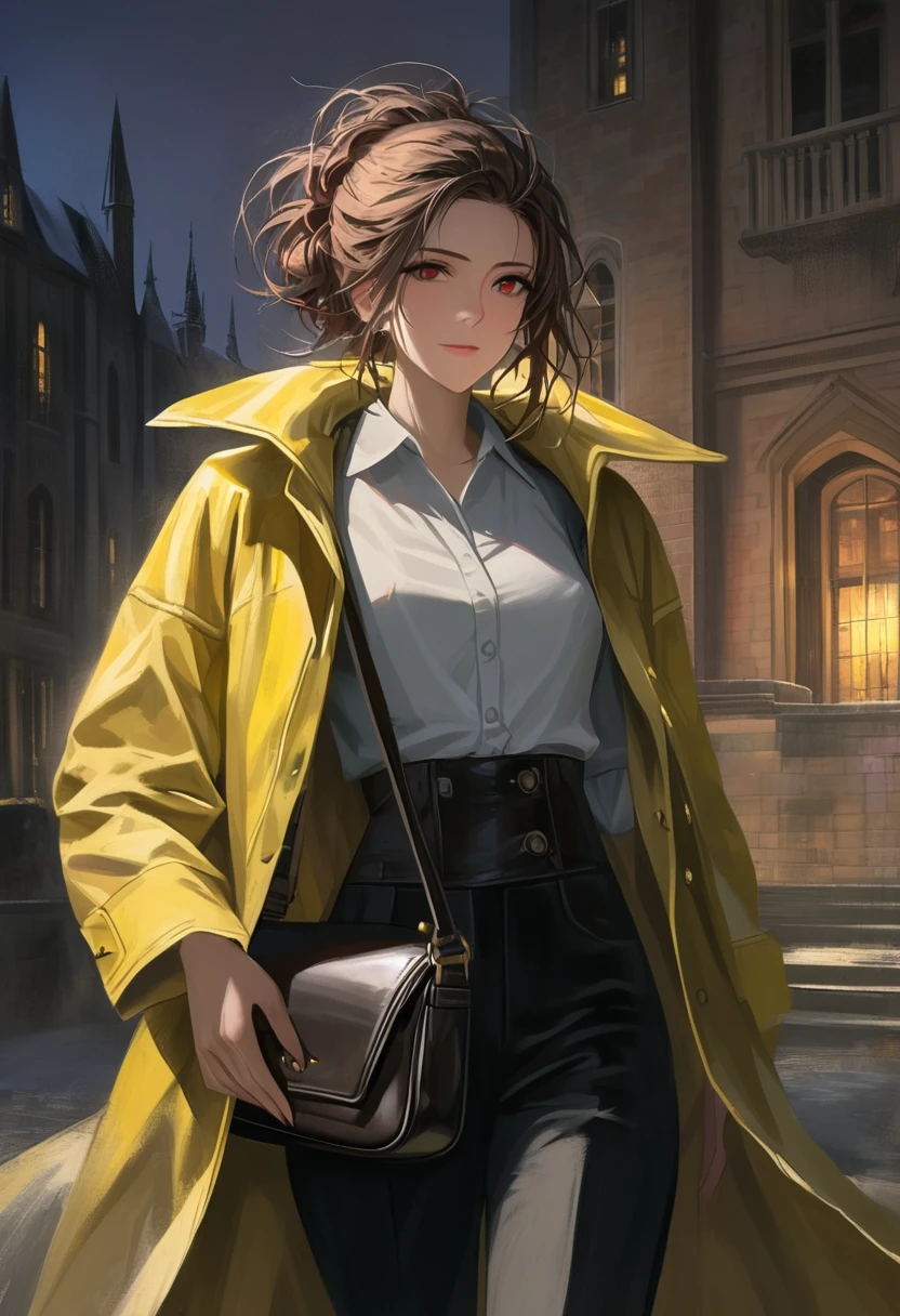 ((adult)), (woman), ((tall)), masterpiece, best quality, dark aura, brown hair, ((updo hair)), (messy hair) , ringed dark red eyes, plain white shirt, Yellow coat, black pants, carrying a big waist leather bag, (faint smile), realistic anime style, (oil painting), dark old manor background, night, impasto.
