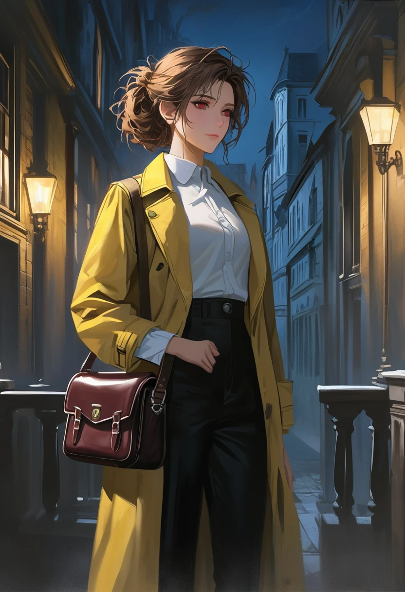 ((adult)), (woman), ((tall)), masterpiece, best quality, dark aura, brown hair, ((updo hair)), (messy hair) , ringed dark red eyes, plain white shirt, Yellow coat, black pants, carrying a big waist leather bag, (faint smile), realistic anime style, (oil painting), dark old manor background, night, impasto.
