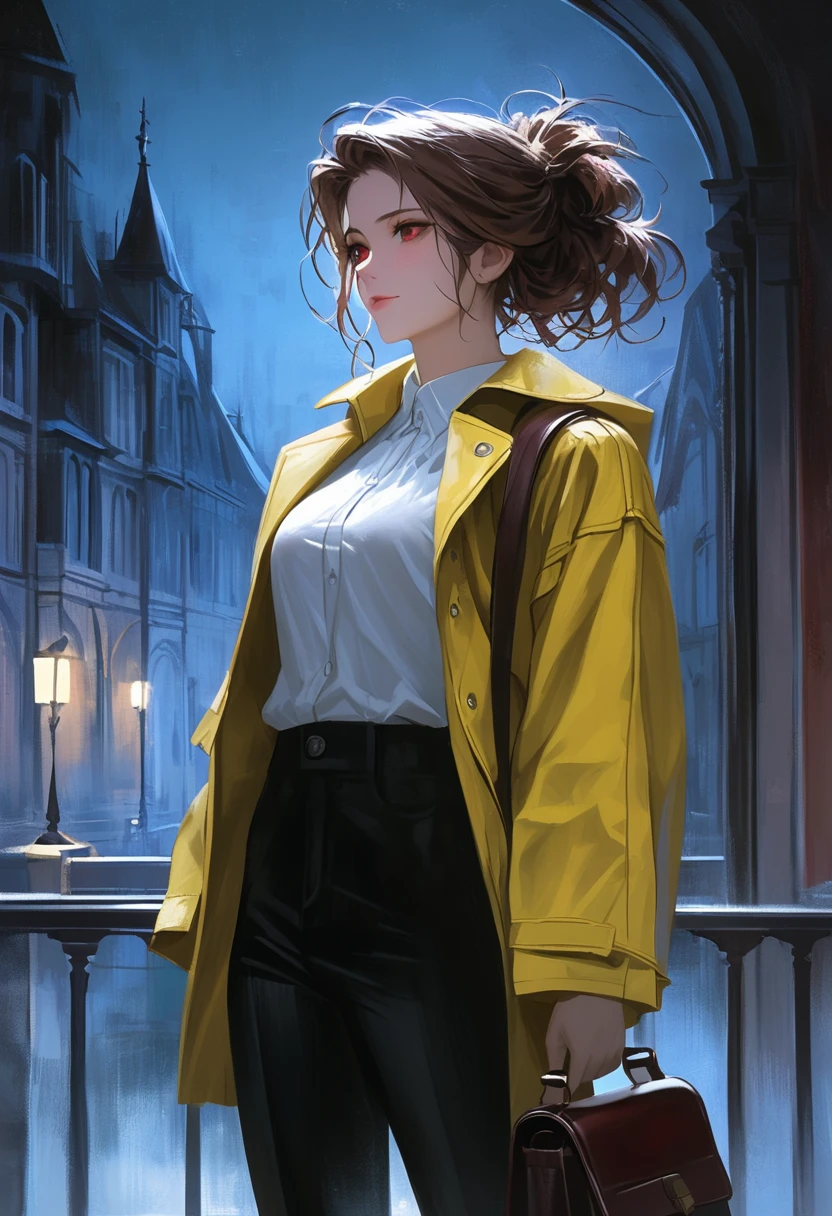 ((adult)), (woman), ((tall)), masterpiece, best quality, dark aura, brown hair, ((updo hair)), (messy hair) , ringed dark red eyes, plain white shirt, Yellow coat, black pants, carrying a big waist leather bag, (faint smile), realistic anime style, (oil painting), dark old manor background, night, impasto.
