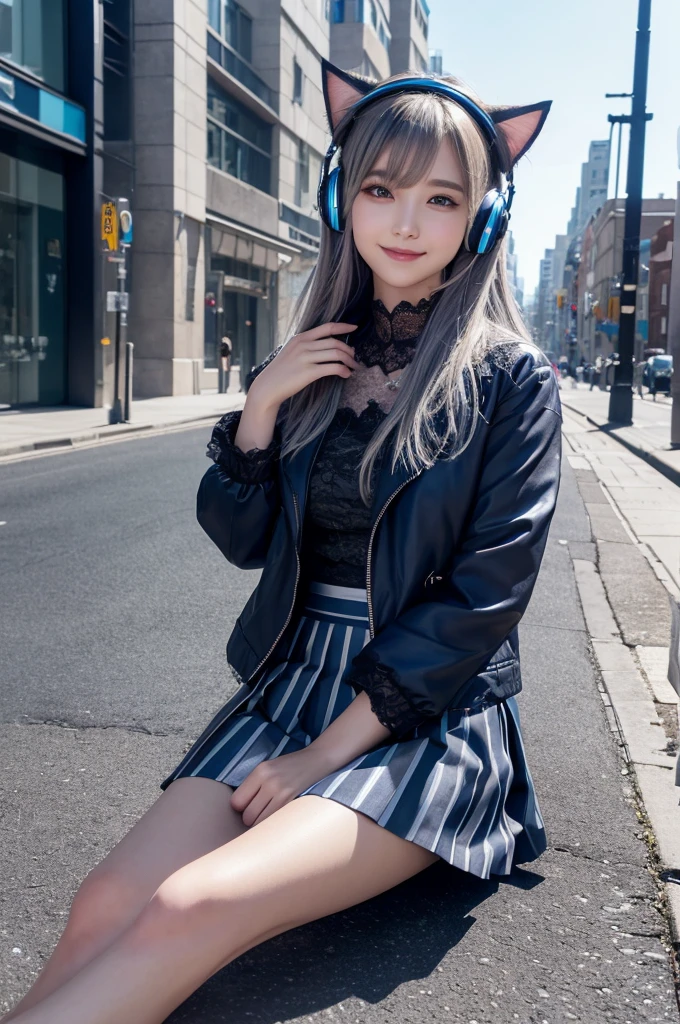 ((Best Quality)), ((Masterpiece)), (Detailed), Perfect Face, Very Detailed, Masterpiece, Best Quality, Official Art, Extremely Detailed CG Unified 8k Wallpaper, Dynamic Eyes and Detailed Full Body Portrait, trendy style, long silver-gray hair, shoulder-length hair, a futuristic blue halo on her head, ((sitting on the ground)), ((spread legs)), future clothing, with a mechanical feel, ((dark blue skirt with bright blue lace)), ((black jacket with blue stripes)), JK short skirt, cat ear headphones on the head, smile, city streets in the background, ((watery eyeright eyes))
