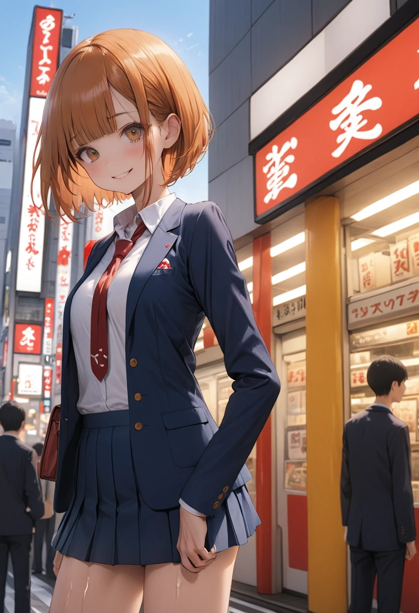 ((masterpiece,Highest quality:1.3,best quality illustration)),cowboy shot,1woman,16-year-old Japan beauty,((very small head:1.4)),short bob hair,bangs,orange hair,brown eyes,gorgeous eyes,blush,smile,medium breasts,((very long body)),(School uniform,Navy blue blazer、Red tie、White Shirt、Navy blue pleated mini skirt),(toned body,slender body,skinny),gleaming skin,shiny skin,oily skin,standing,Shibuya Station、Tokyo