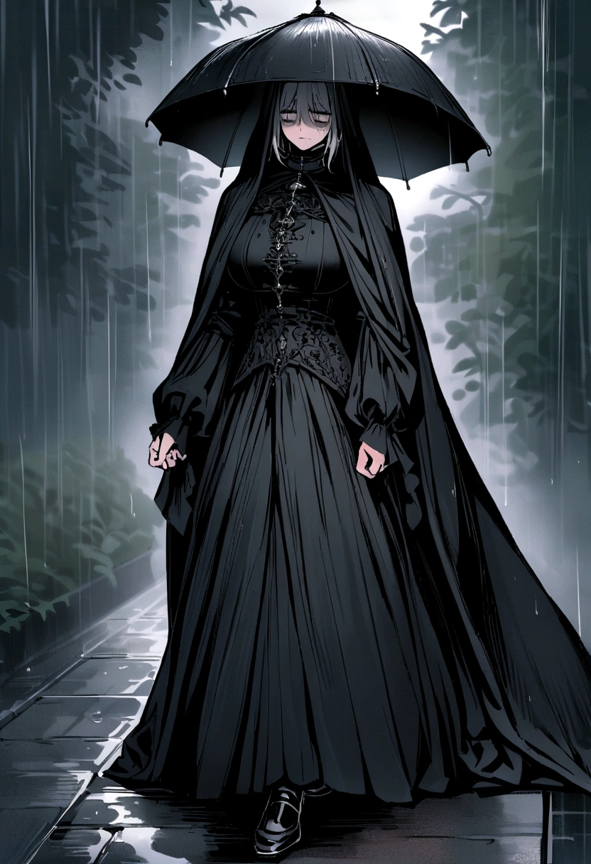 teenager with big breasts, dressed for a 15th century funeral , Walking under the rain, with sad face.