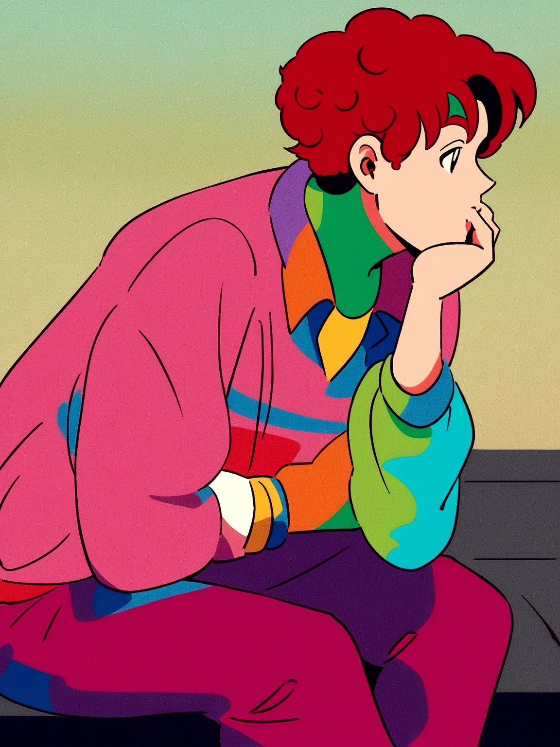 anime boy sitting on a bench with his hand on his chin, ((red curly hair )), praise artstyle, praise feel, cute anime pose, praise portrait, thoughtful pose, lo-fi illustration style, in the art style of 80s anime, praise art, praise, they be colors, they be, inspired by Bian Shoumin, official fanart