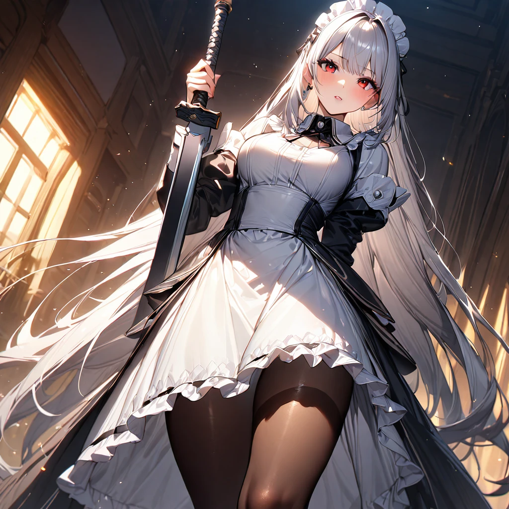 (masterpiece),(Highest quality),(Super detailed),(Best illustrations),(so beautiful), so beautiful長い脚,Silver Hair, Red eyes, Very long hair, pantyhose, Maid, headdress, apron, Long skirt, holding weapon, huge sword, duel,