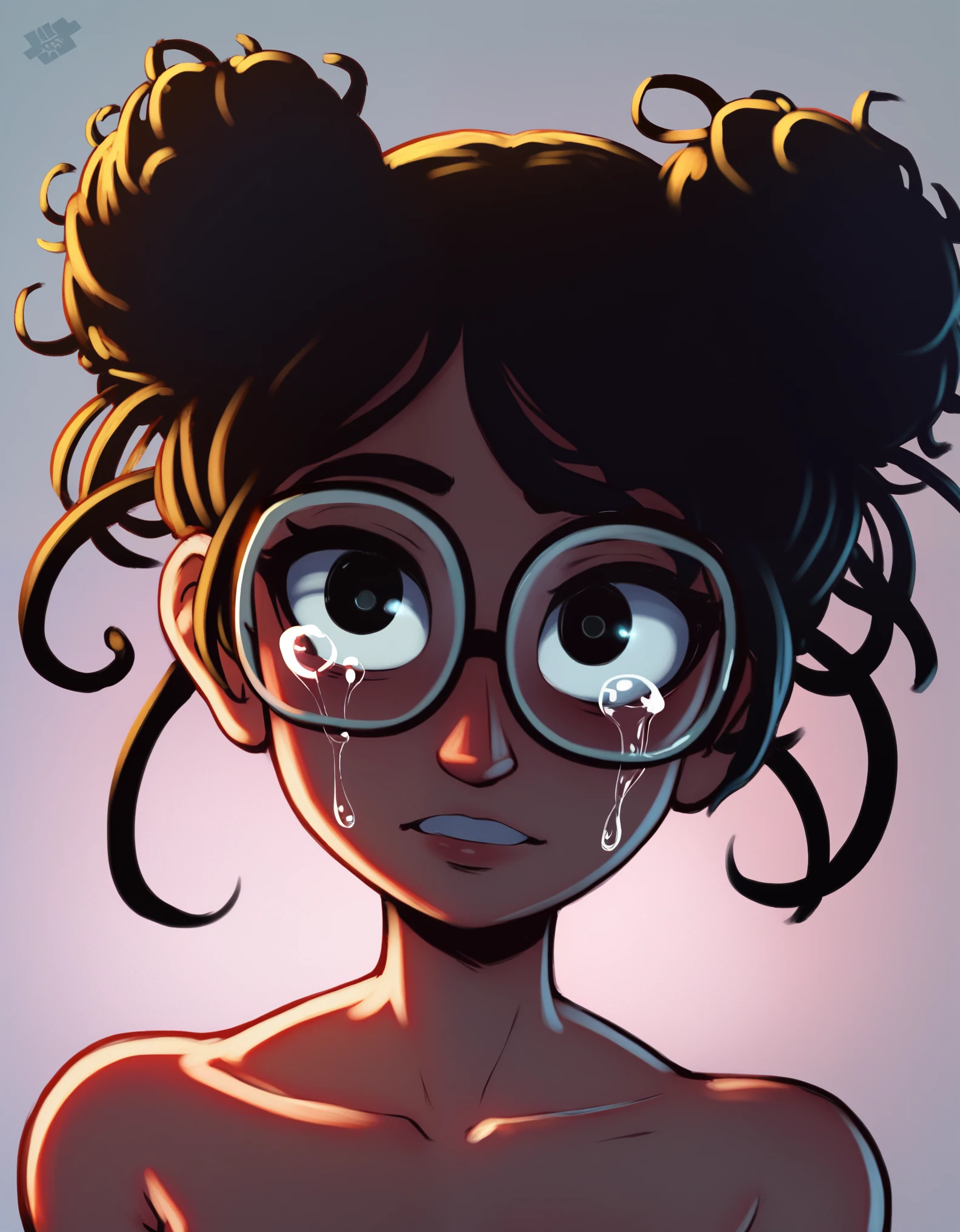 score_9, score_8_up, score_7_up, silhouette glowing tears, solo, portrait, black_eyes eyeless empty_eyes, (1girl, 22yo, solo, college girl, nude, black-rimmed glasses askew, frizzy curls messy bun), crying, in bed, dynamic pose, dutch angle, bokeh, 4k, highly detailed, big circular reflective eyes, dof, (cinematic film), Disney realism, Pixar style, subtle fine details, HDR, octane render, incredible composition, superb lighting and detail