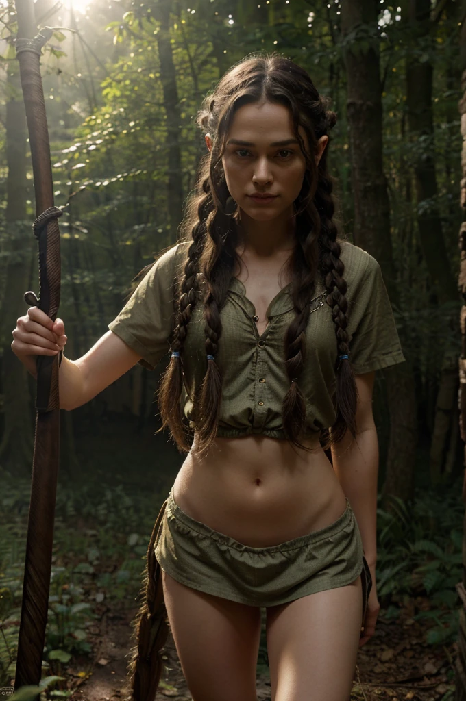 Hyper-realistic full-body-shot photo. In the forest, an elvish young ager Millie Bobby Brown with bangs and a tremendous mass of brown hair tied in multiple little braids, is aiming with a bow and arrow. She is wearing a light short outfit, she also has pointy ears. Hyper-realistic face and body. Hyper-intricate hair details. Lots of details on the skin, the fabric, the face, and the environment. 8K, HDR sharp quality.