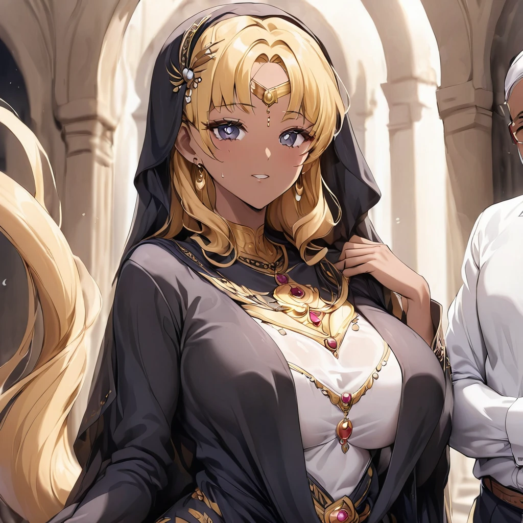 ((Highest quality)), ((masterpiece)), (detailed), (Perfect Face)、The woman is Tsukino Usagi, an Arab and devout Muslim with vivid brown skin, and is in a luxurious Islamic mansion wearing a gorgeous black abaya with gold embroidery, a gorgeous black hijab tightly covering her head, a gorgeous hair ornament, gorgeous jeweled accessories and an engagement ring. The woman and the man are in a luxurious palace, and the woman is embracing a dignified, bearded, middle-aged Arab Muslim man wearing Arab national dress.、The woman is the elegant Tsukino Usagi, with long blonde hair in a chignon twin tail, wearing a black abaya and a gorgeous black hijab tightly covering her body. She is a devout Muslim, bright brown-skinned Arab woman.、(The woman is a dark-skinned, Arab, devout Muslim named Tsukino Usagi.)、The man is a Muslim, dignified, strong-looking, bearded, middle-aged Arab man wearing traditional Arab clothing.
