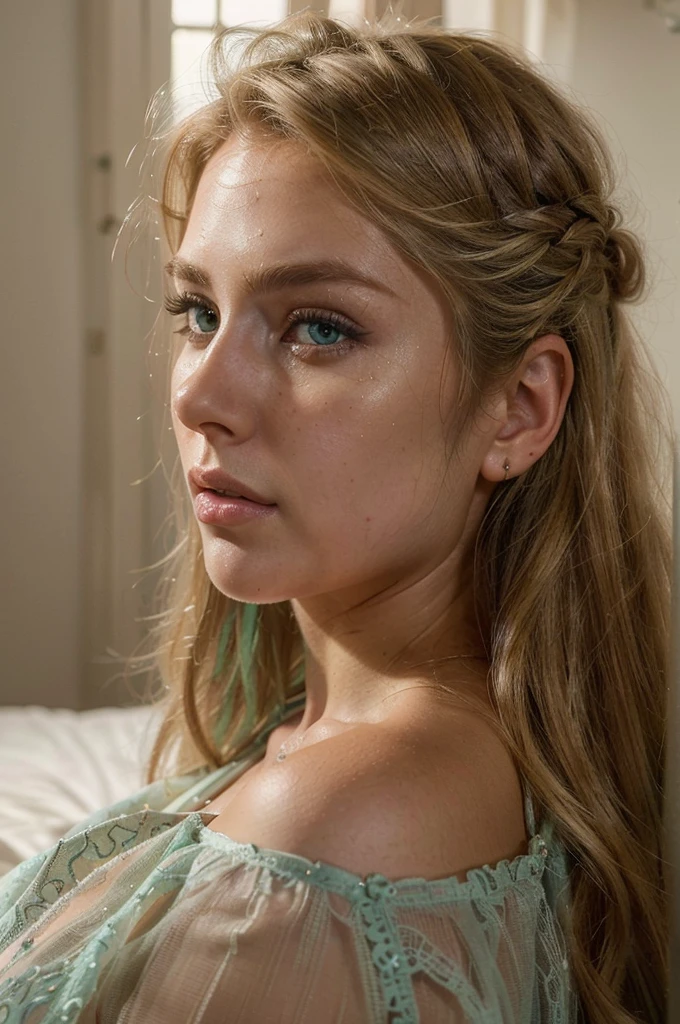 photorealistic, best quality, instagram model, (hyper detailed: 1.4), ((view from the side:1.3)), sitting on the bed, wearing lingerie, long blonde hair, green eyes ,Detailed eyes, beautiful european young woman, (Highly detailed face:1.4), exuding a natural glow, soft lightning, evening time, jaw-dropping beauty, mysterious, seductive, vivid colors, subtle shadows