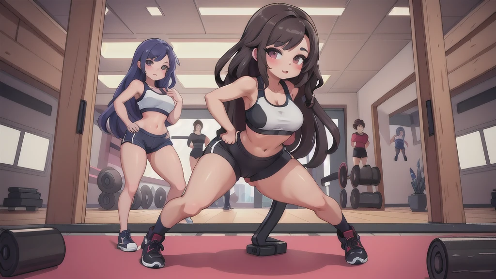 Tifa in sexy mini shorts and sports bra, doing bent over deadlifts, on her back, showing her perfect pussy, looking in the gym mirror, perspiring, showing you round, sexy and very well-shaped buttocks facing the camera, high resolution, ultra HD , detailled image.