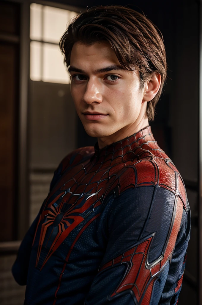 A photograph of spider man, no mask, 20 yo, handsome, detailed face, looking at camera, portrait, 8k uhd, high quality